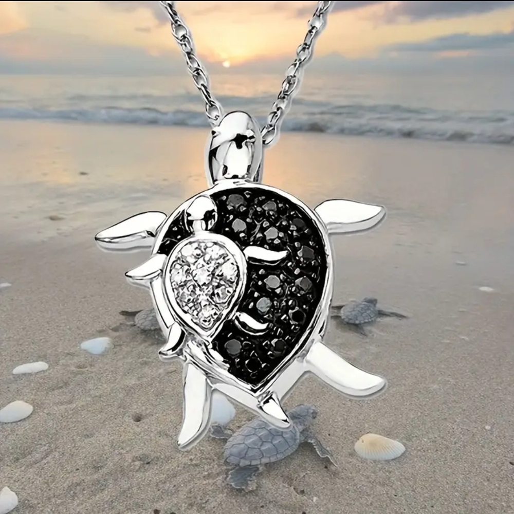 Silver and Black Turtle Pendant Necklace